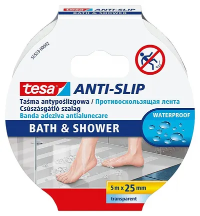 Bandă antiderapantă Tesa – Bath & Shower, 5 m x 25 mm, transparentă