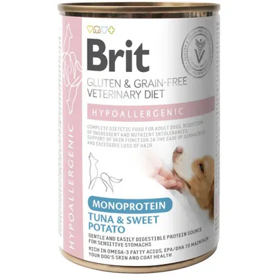 Hrana umeda hipoalergenica pentru caini Brit Grain Free VD Hypoallergenic, cu ton si cartof dulce, 400 g
