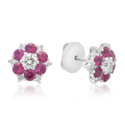Cercei florali din aur alb cu rubine de 1.2ct si diamante de 0.6ct
