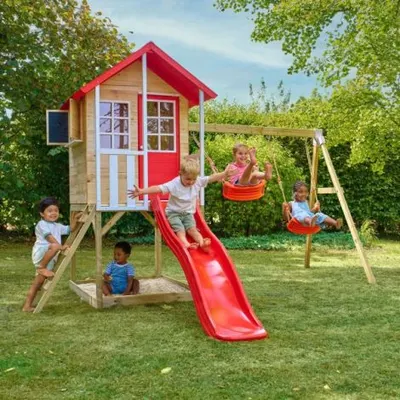 Casuta de gradina TP TOYS, Poppy Cottage, cu platforma cu loc pentru nisip, tobogan si leagan dublu, lemn, rosu/maro/alb