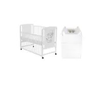 Set mobilier pentru copii, Qmini: Patut din lemn de pin cu roti, cu laterala culisanta si somiera reglabila in 3 trepte, Timmi Elefant, 120x60 cm + Saltea cocos-burete-cocos, 10 cm + Comoda cu masuta de infasat, Alb