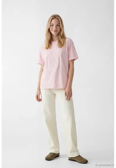 Tricou de bumbac cu broderie Hello Kitty - Nude rose