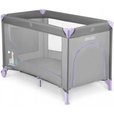 Patut pliabil cu un nivel pentru copii Ricokids,pliere compacta,usa de acces cu fermoar,roti cu frane,husa transport si saltea pliabila incluse Gri Lavanda
