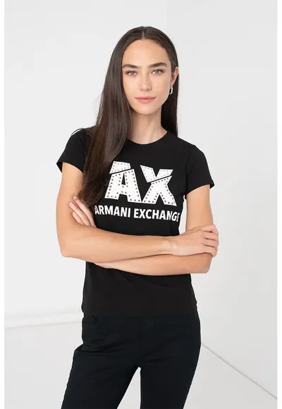 Tricou slim fit cu logo si strasuri - Alb/Negru