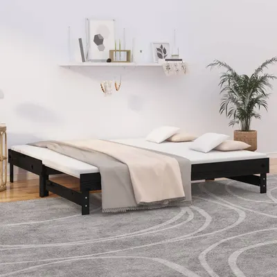 vidaXL Pat de zi extensibil, negru, 2x(75x190) cm, lemn masiv de pin