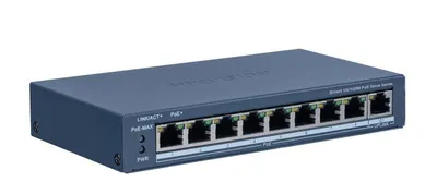 Switch PoE Hikvision DS-3E1309P-EI/M: 8 × 10/100 Mbps PoE port, 1 × Gigabit RJ45 port, 8 porturi PoE maxim 30W, buget PoE 60W, t
