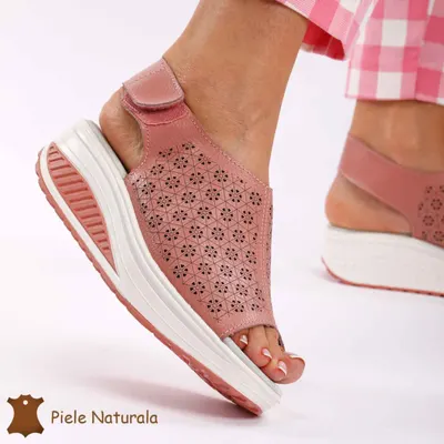Pantofi Perforati dama din Piele Naturala cu talpa inalta CRL0187 ROZ