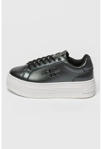 Pantofi sport flatform de piele si piele ecologica - Gri inchis