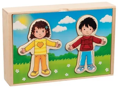 Set din lemn Goki - Baiat si fata de imbracat, in cutie din lemn