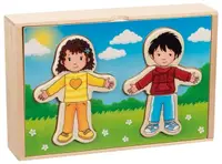 Set din lemn Goki - Baiat si fata de imbracat, in cutie din lemn