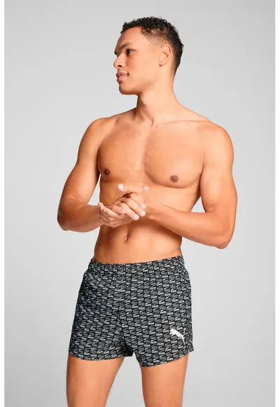 Pantaloni scurti de baie cu imprimeu monograma - Alb/Negru