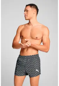 Pantaloni scurti de baie cu imprimeu monograma - Alb/Negru