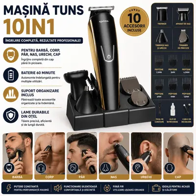 Masina de Tuns Barba si Parul 10 in 1, Autonomie 60 min, Nas, Urechi, Suport, Acumulator
