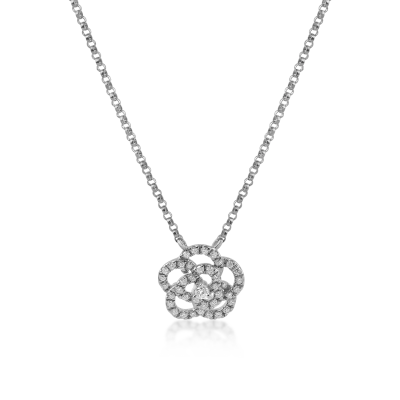 Lant cu pandantiv floare din aur alb cu diamante de 0.19ct