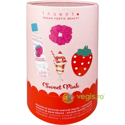 Set Spuma de Baie cu Parfum de Capsuni + Scrunchy + Burete + Sticker Desert cu Capsuni Sweet Pink