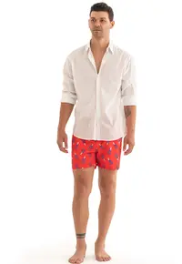 Pantaloni scurti de baie cu model si snur - Gri deschis/Albastru royal/Rosu vermillion