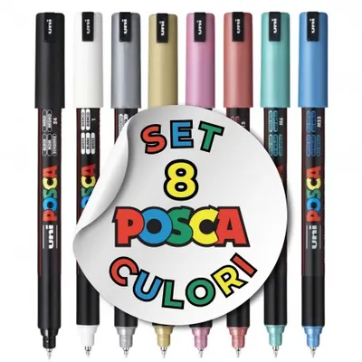 Set 8 markere cu vopsea Posca PC-1MR varf metalic fin 0.7mm, culori metalice