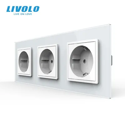 Priza Schuko tripla, borne fara surub - quick connect, cu rama sticla Alb