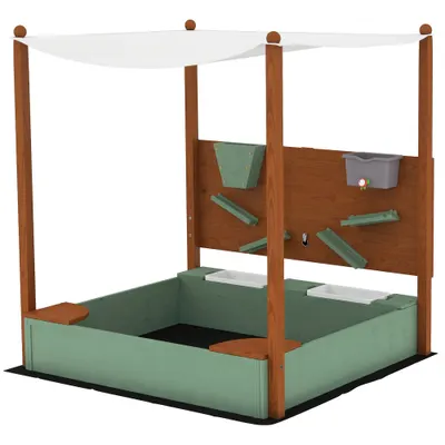 AIYAPLAY Cutie de nisip din lemn pentru copii cu acoperiş cutie pentru copii cu 2 scaune 2 cutii robinet pâlnie 116x112,5x128 cm Verde | Aosom Romania