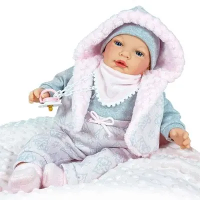Papusa Nines D Onil, Snow, nou-nascut, cu sunete, cu miros de vanilie, ambalata in saculet, 45 cm