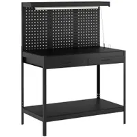 HOMCOM Banc de lucru 110 cm cu panou perforat, banc robust cu șină de prize și iluminare LED, Negru | Aosom Romania