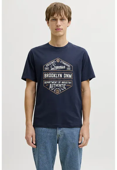 Tricou din amestec de bumbac cu imprimeu text - Bleumarin