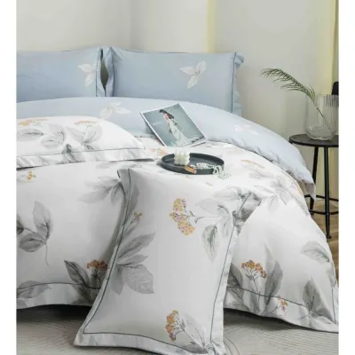 Lenjerie pat dublu, FINET DeLuxe, 6 piese, cu ELASTIC, Jojo Home, Cutie Eleganta, Gri, Bleu, Flori, Frunze