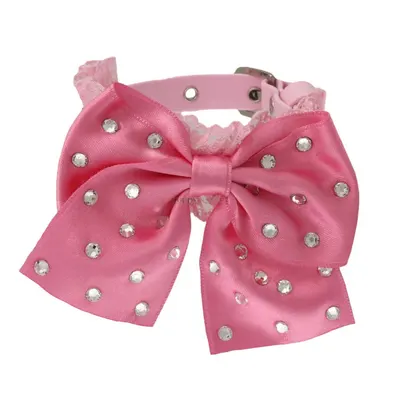 Zgarda caini, roz, cu lantisor din cristale Swarovski si fundita din satin, 25 cm