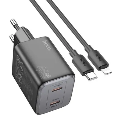 Set Adaptor HOCO N42 si Cablu Lightning, Compatibil iPhone, Putere 45W, Tehnologie GaN, Negru Engros