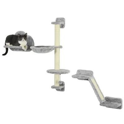 PawHut Set de 3 piese Cățărat pe Perete pentru Pisici cu Hamac Rampă cu Zgârietor Platformă în Formă de Nor Gri | Aosom Romania