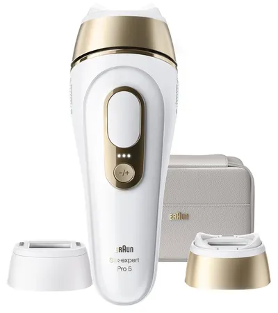 Epilator cu lumină pulsată Braun – Silk-expert Pro 5 PL5210, 10 trepte, 2 accesorii, 400K impulsuri, alb/auriu