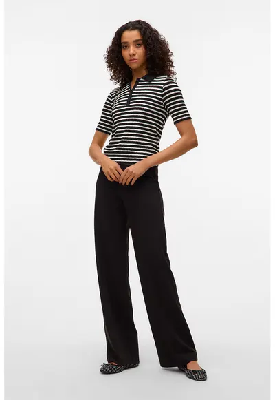 Tricou cu dungi si guler - Negru/Alb murdar