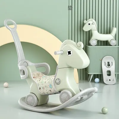 Balansoar pentru copii Nichiduta Garden Rocking Horse Green 3 in 1 transformabil in vehicul fara pedale,cu maner parental detasabil,husa pentru sa din material textil,roti EVA,spatar si baza detasabile