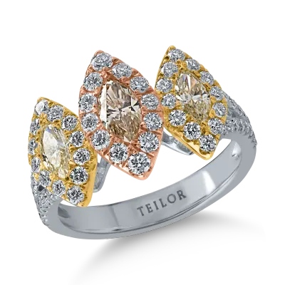 Inel din aur alb-roz-galben cu diamant maro marquise de 0.3ct si diamante galbene de 0.4ct
