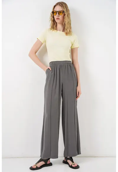 Pantaloni dama - picior larg - elastic - gri carbune - 85% modal - 15% poliester