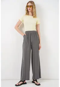 Pantaloni dama - picior larg - elastic - gri carbune - 85% modal - 15% poliester