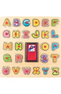 Puzzle din lemn cu butoni: Alfabet cu stampile si tusiera