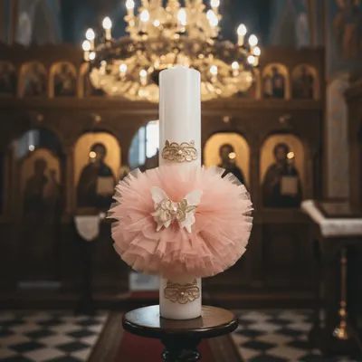 Lumanare de botez cu dantela rotunda roz