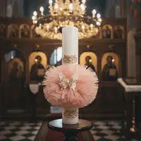 Lumanare de botez cu dantela rotunda roz