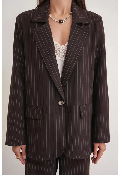 Sacou dama - supradimensionat - cu dungi - textil - Maro