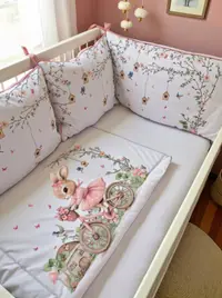 Set de lenjerie de pat de lux Bambino Casa – Rose Rabbit Bicycle, 5 piese