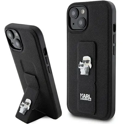 Husa MagSafe pentru Apple iPhone 15, Karl Lagerfeld, Saffiano Gripstand Karl & Choupette, Neagra