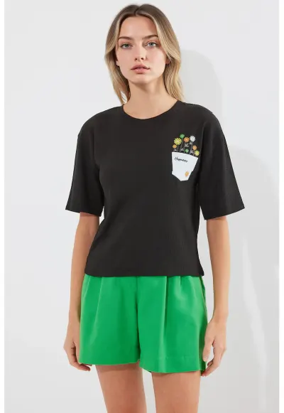 Tricou dama HiCCUP - guler rotund - imprimeu brodat - negru - poliester-lycra