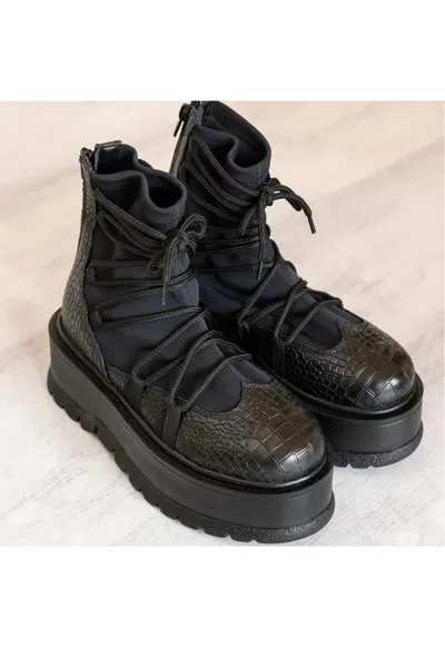 Ghete din piele cu detalii din textil Moon - Croco negru