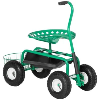 Outsunny Scaun rotativ 360 ° reglabil pe înălțime cărucior de grădină cu spațiu de depozitare Roți mâner scaun de grădină mobil rotativ scaun de lucru în grădină până la 150 kg Cadru metalic scaun de grădină pentru grădinărit Verde | Aosom Romania