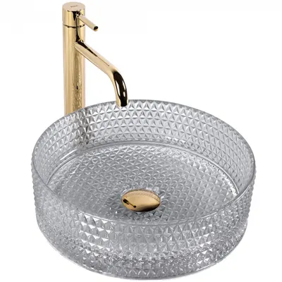 Lavoar pe blat sticla securizata cu finisaj lucios si nuanta subtila gri-transparent, rotund, Rea Cristal