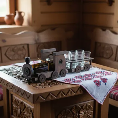 Minibar din lemn 6 pahare si o sticluta in locomotiva.