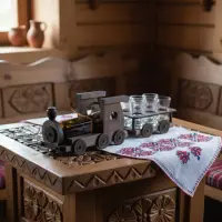 Minibar din lemn 6 pahare si o sticluta in locomotiva.