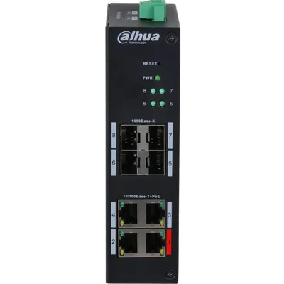 Switch 8 porturi (4xPoE) management Dahua HS4408-4ET-96, 4x 10/100 Mbps PoE, 4 SFP 1000 Mbps uplink, PoE watchdog
