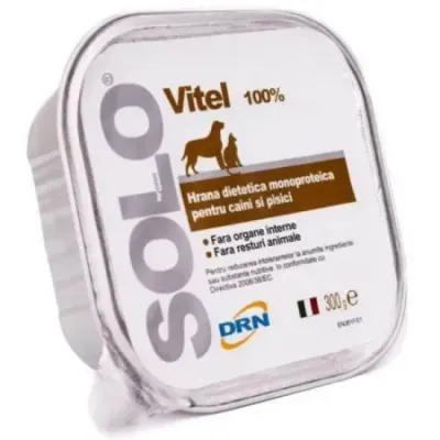 Hrana dietetica monoproteica pentru caini pisici Solo cu vitel 300 gr